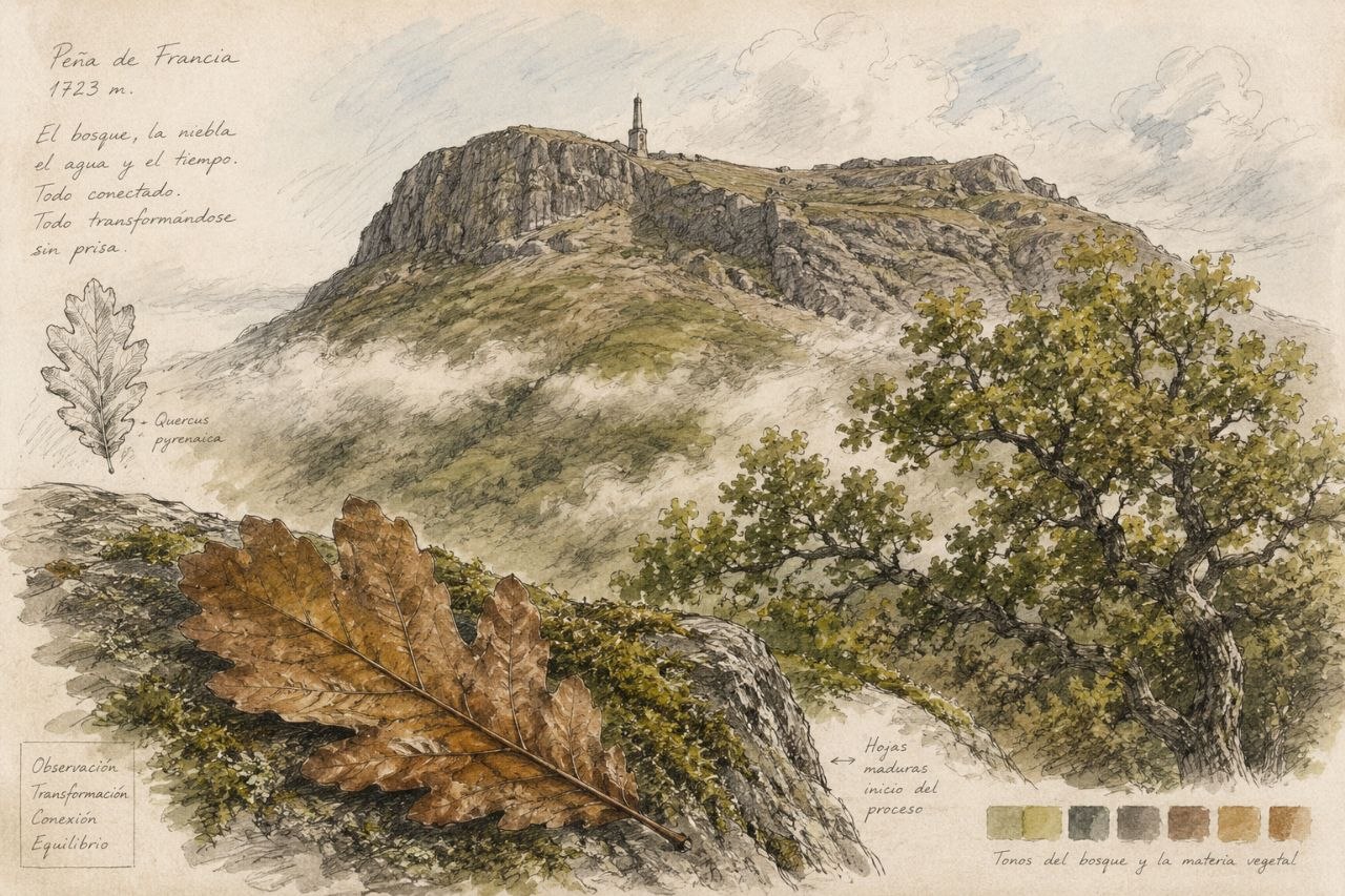Ilustración artística de la Peña de Francia y robledales de Quercus pyrenaica en la Sierra de Francia, representación visual del origen ecológico de Quercus Flumen