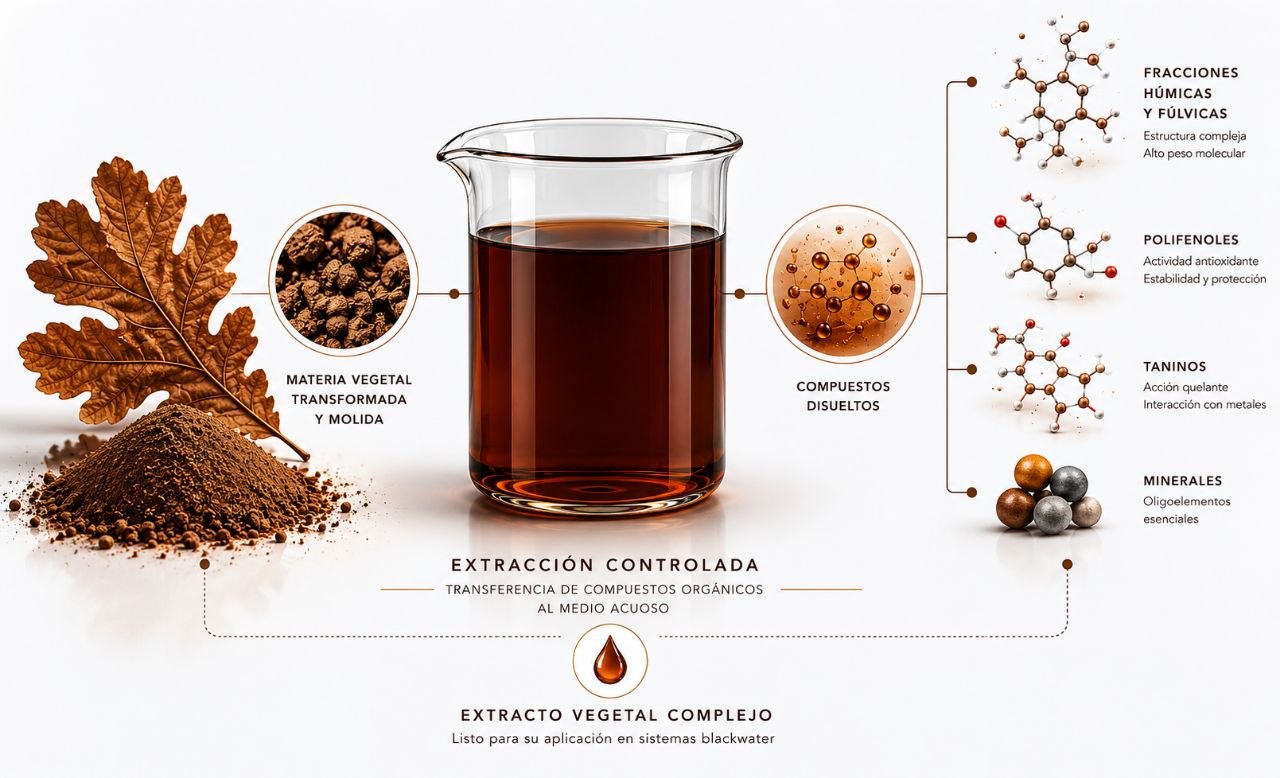 Diagrama conceptual del sistema Blackwater de Quercus Flumen mostrando extracción controlada de compuestos orgánicos desde materia vegetal forestal transformada