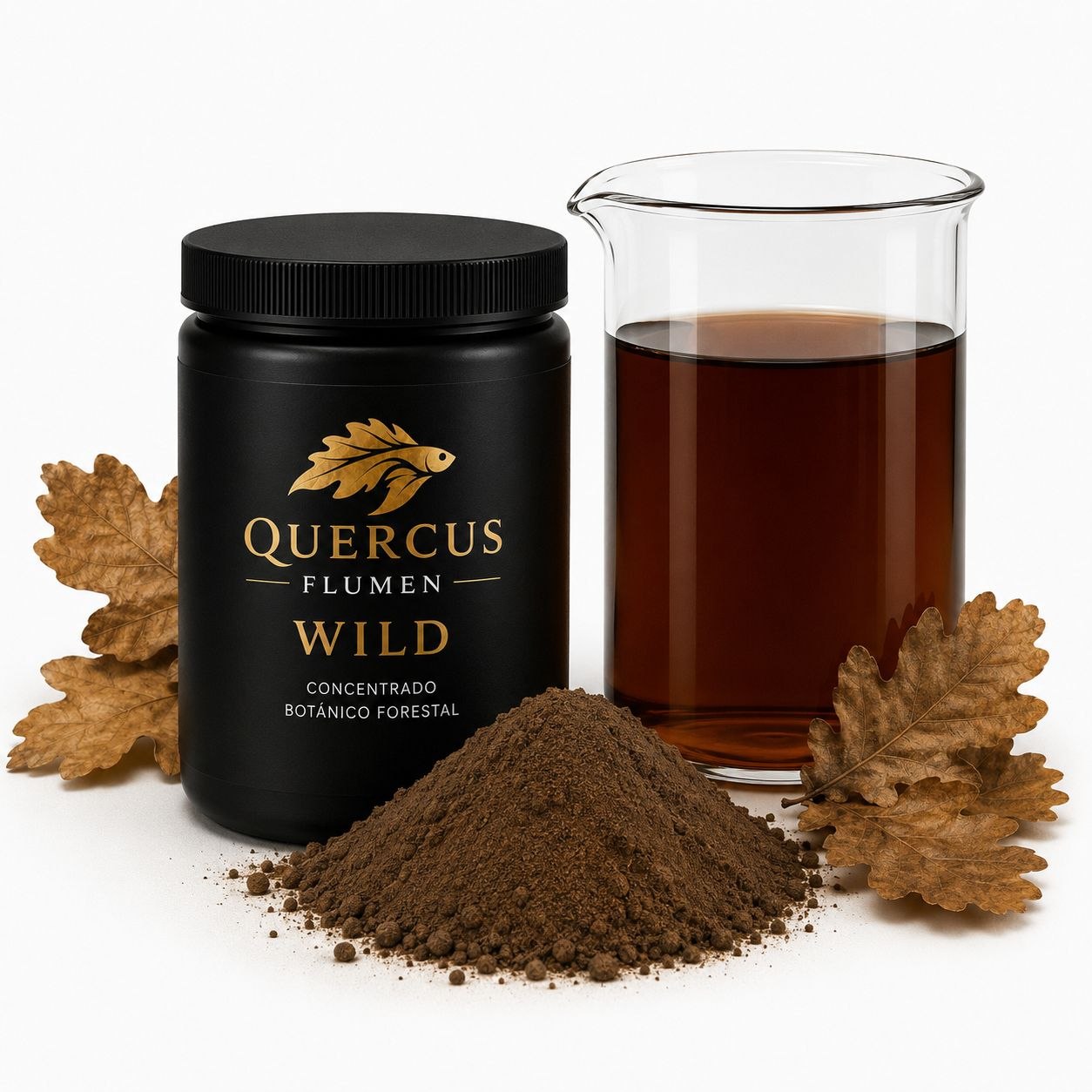 Producto comercial Wild de Quercus Flumen junto a extracto botánico forestal obtenido mediante extracción controlada en sistemas blackwater